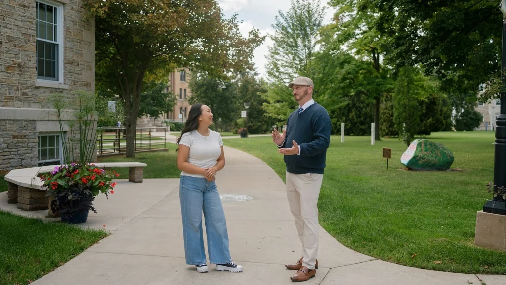 A student speaks with an adult on a campus visit.