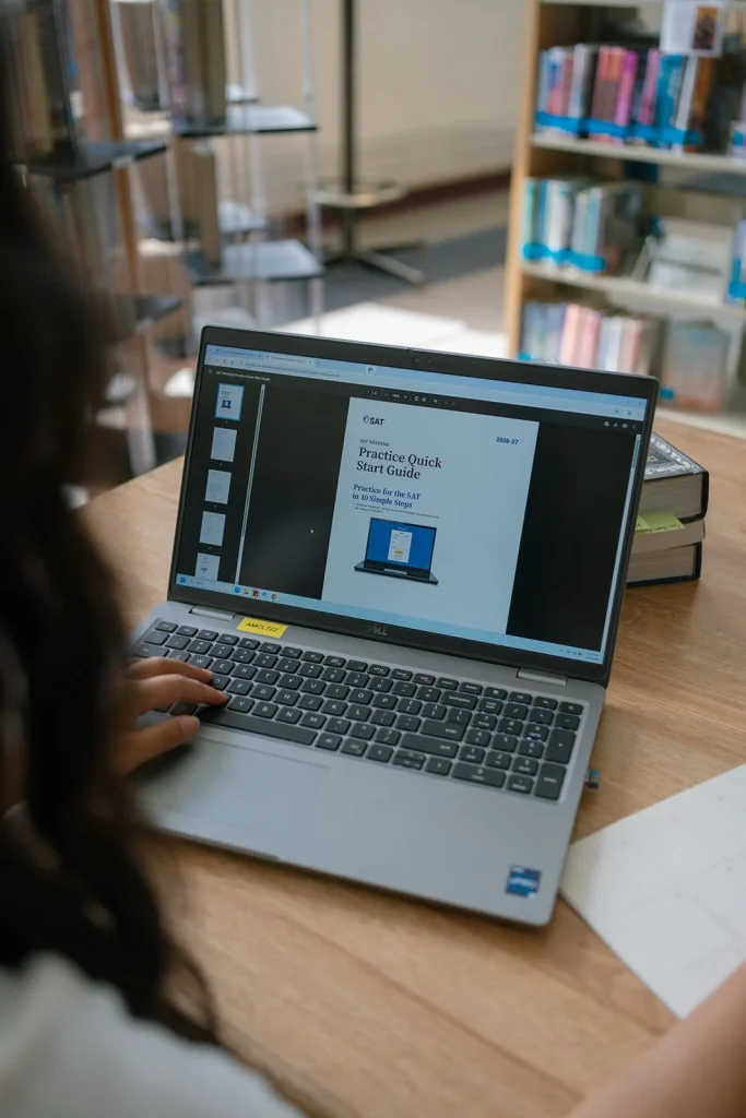 A laptop screen, notebook and a working hand at a library table.