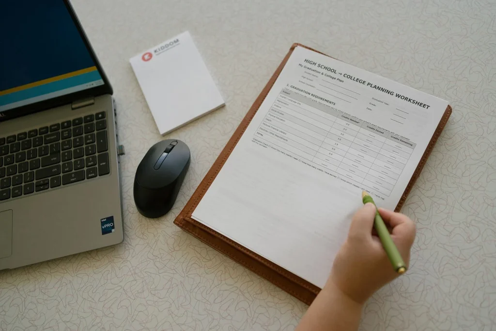 A hand writes on a worksheet beside a laptop and notebook.