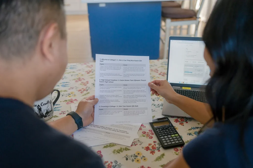 Two people compare documents at a table.