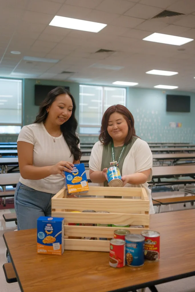 A student and an adult pack donations together.