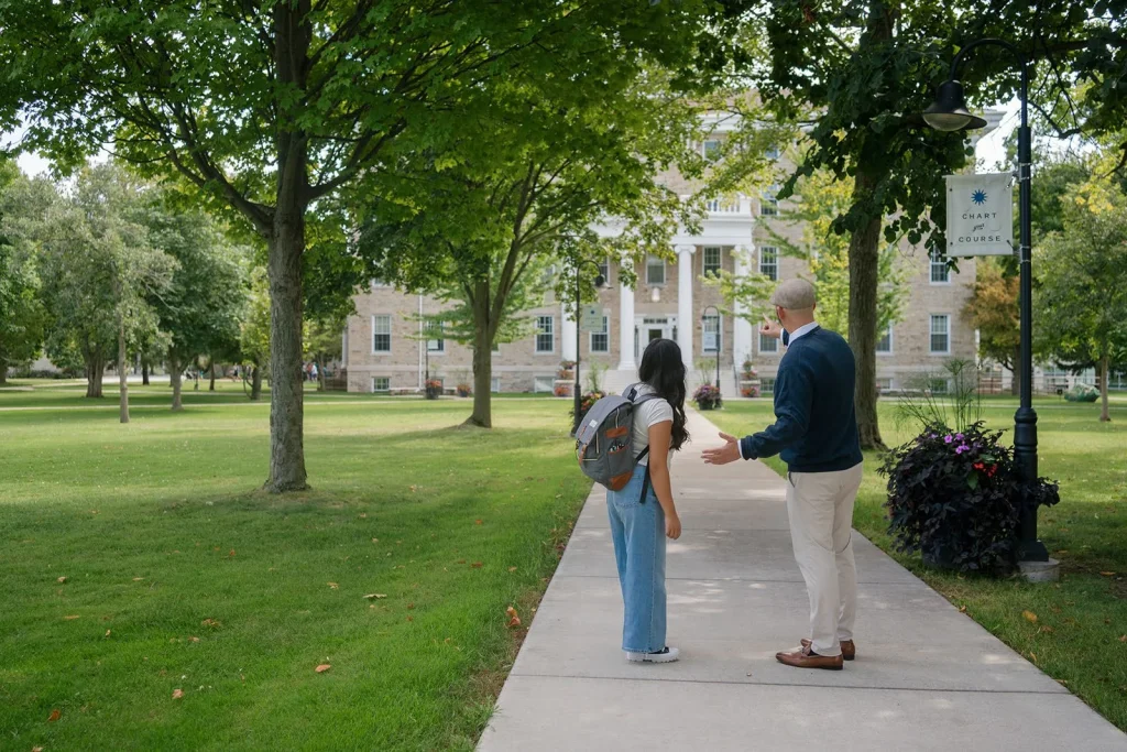 A student and an adult walk along a college campus path.